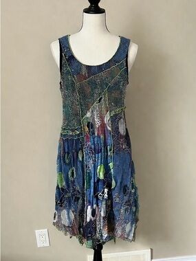 Cativa Bohemian Multicolor Mixed Media Patchwork Sleeveless Midi Dress Eclectic